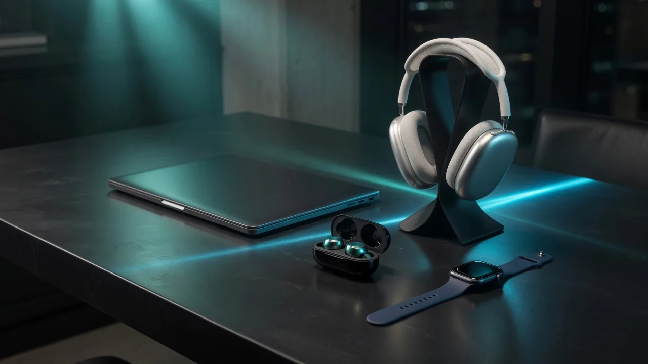 A finished desk. Premium electronics in cyan light.